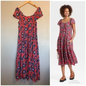Knox Rose Red & Navy Blue Boho Short Sleeve Midi Dress S *small fix seam* NWOT